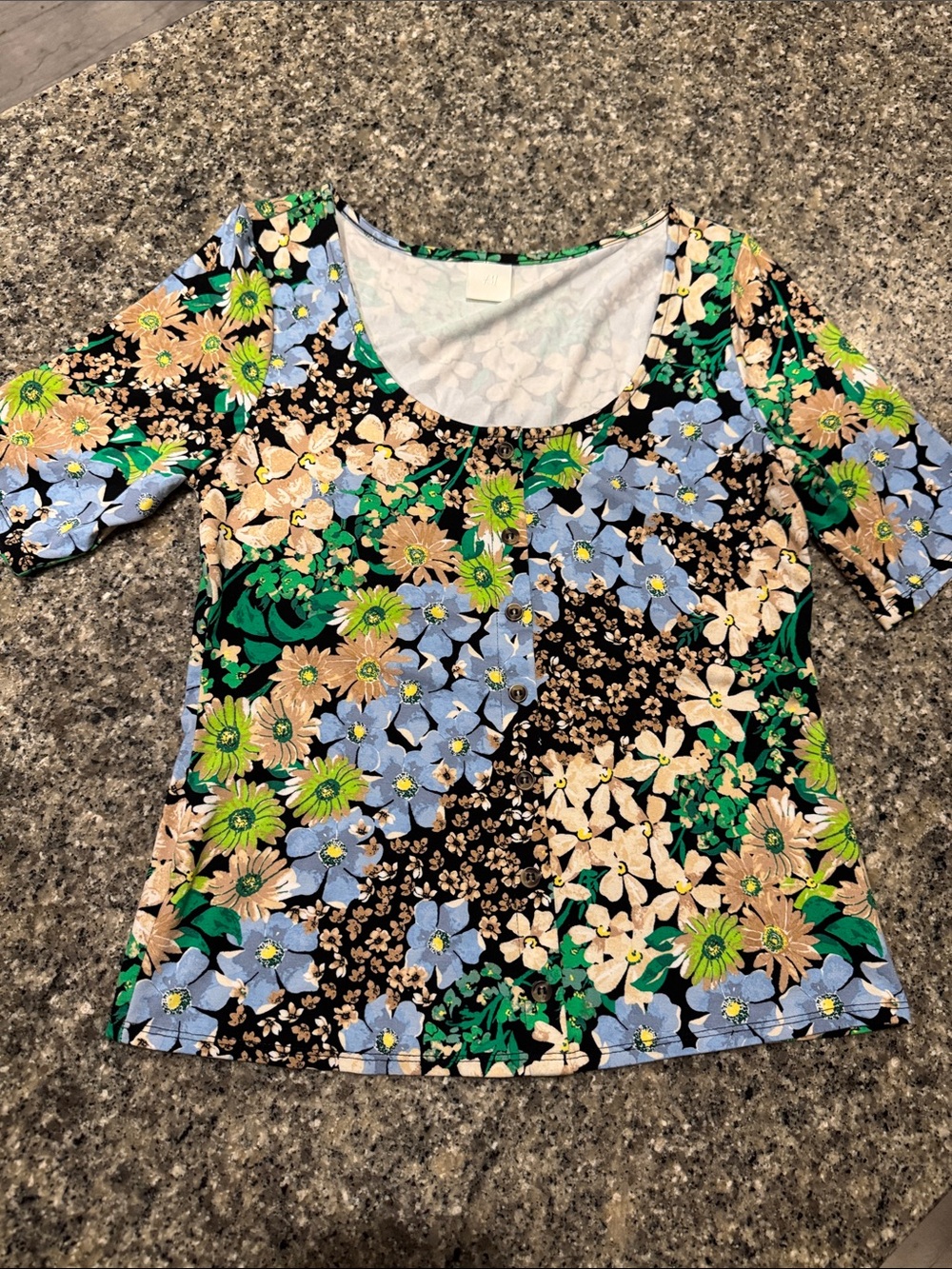 Women’s Floral Scoop Neck Top in Black, Blue & Green